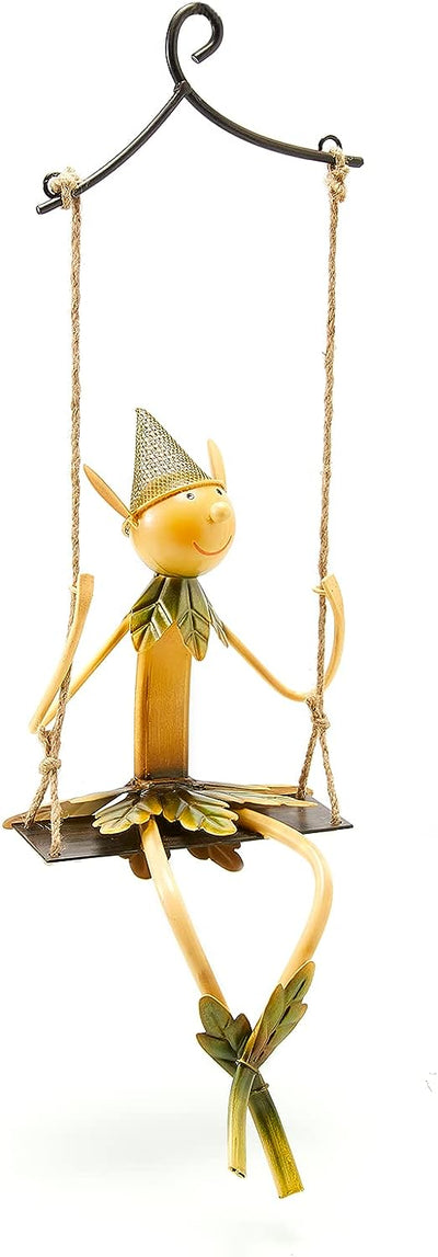 Garden Elf On A Swing, Indoor & Outdoor Metal Sculpture by Gute, Metal Elves Yard Art Outdoor Statue, Outdoor Spring, Fall, Hanging Elf Lawn Ornament Gift for Patio Pond Backyard