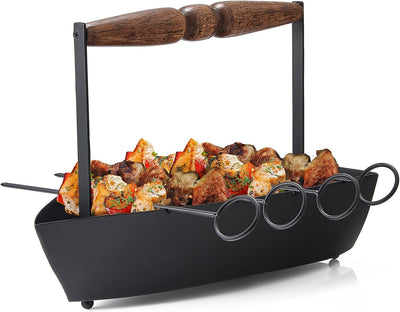 Rowboat Serving Platter Iron Shape with 4 BBQ Grill Kebab Skewers In Serving Boat - Stainless Steel Wide Reusable Barbecue Sticks Skewers for Grilling Meat, Shrimp, Chicken, Vegetable Tikkas