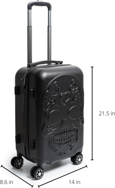 Sugar Skull Travel Suitcase with Wheels - Spinner Rolling Luggage Bag for Traveling - 14.2" x 21.5" x 8.7" Hard Shell Spinner Carry On Baggage for Vacations, Weekender, Traveler Calavera Skeleton Bags