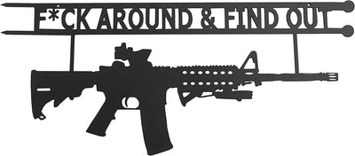 Metal No Trespassing Sign "You're In Range" Gun Metal Door, Wall or Tree Hanger Sign Decoration by GUTE - Metal Wall Art - Outdoor/Indoor Monogram (12.5" Tall, 17.3" Wide, Black) - Hanger, Gun Owners (Fck Around And Find Out)