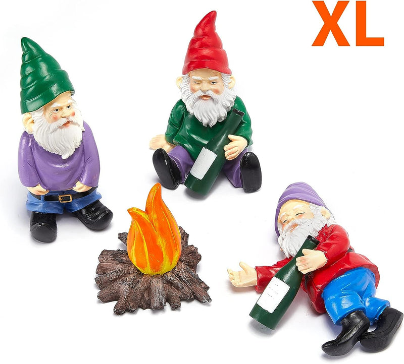 Extra Large Drunk Garden Gnomes Figurines | Set of 4 | Funny Dwarf Knomes Around Fire Pit, Adorable Naughty Drunken nombs Indoor & Outdoor Decor - Patio, Porch, Yard Lawn Art (Naughty Firepit Set)