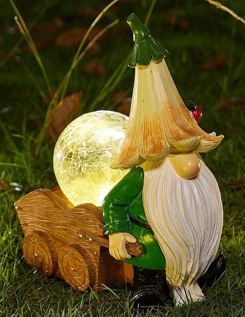 Garden Gnomes Solar Traveling Gnome with Magic Orb with LED Lights Light Up Cargo, Adorable Gardens Decor, Garden Art Décor | Durable Colorful Weather Resistant Outdoor Ornament for Flowers Lawn