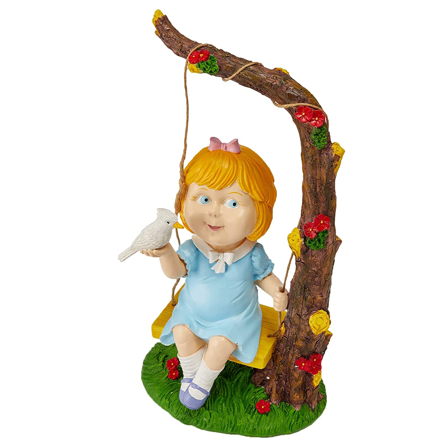 Large Fairy Girl On Tree Swing Holding Bird Statue Solar Light, Adorable Gardens Gnome Decor, Garden Art Décor | Durable Resistant Indoor & Outdoor Ornament LED Flowers Lawn, Yard, Patio, 9.5” x 19”