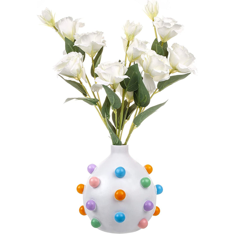 Bubble Multicolor Vase Detailed White Ceramic Planter by Gute, 9.25" Flower Plant Vase, Carved Pomponette Pastel Colors Classic - Plant Pot Colorful Round Bubble Detail for House & Holiday Gift