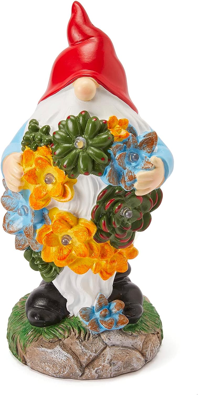 Garden Gnome Statue - Electric Solar Light Up Flower Bouquet Gnome Figurine, Bright Flowers LED Lights, Large Outdoor Decorations - Patio Yard Lawn Porch, Garden Gifts, Ornament Gift