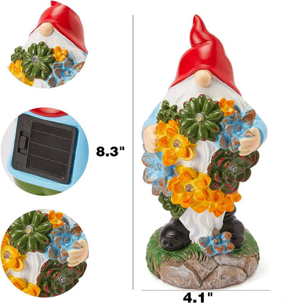 Garden Gnome Statue - Electric Solar Light Up Flower Bouquet Gnome Figurine, Bright Flowers LED Lights, Large Outdoor Decorations - Patio Yard Lawn Porch, Garden Gifts, Ornament Gift