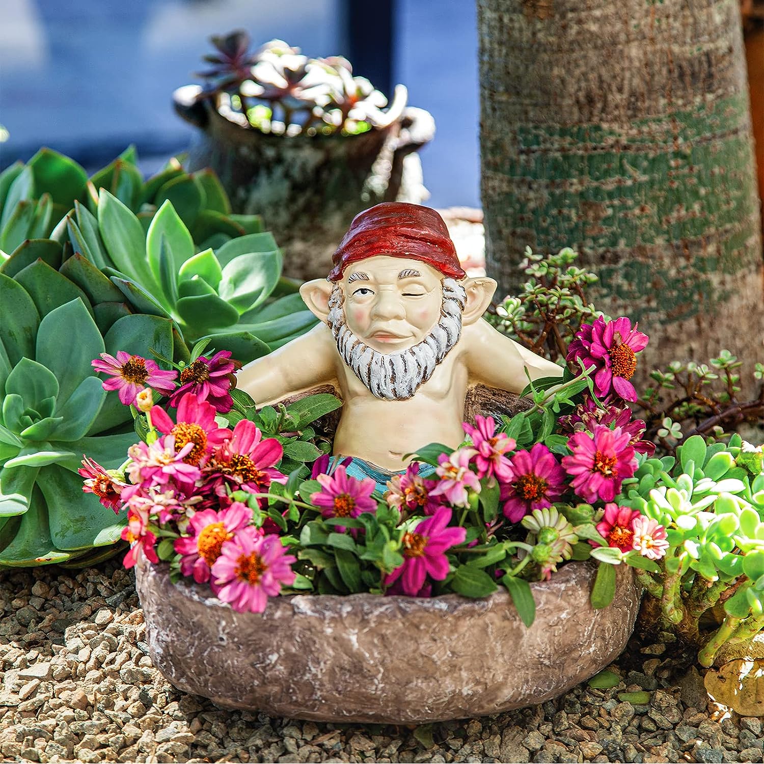 Relaxing Gnome in Pool Garden Sculpture, X-Large - Cute Birdbath & Planter, Funny Elf Sunbathing Decor Statue, Yard Art | Indoor & Outdoor Figurine Pot - Lawn, Patio, Porch Gift - Naughty Garden Elf