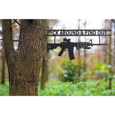 Metal No Trespassing Sign "You're In Range" Gun Metal Door, Wall or Tree Hanger Sign Decoration by GUTE - Metal Wall Art - Outdoor/Indoor Monogram (12.5" Tall, 17.3" Wide, Black) - Hanger, Gun Owners (Fck Around And Find Out)