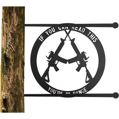 Metal No Trespassing Sign "You're In Range" Gun Metal Door, Wall or Tree Hanger Sign Decoration by GUTE - Metal Wall Art - Outdoor/Indoor Monogram (12.5" Tall, 17.3" Wide, Black) - Hanger, Gun Owners (You're in Range)