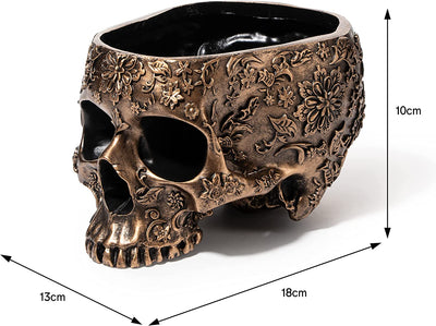 Skull Halloween Candy Server Bowl, 6" Spooky Decorations Sugar Snack Tray, Deep Polyresin Skulls Pot, Indoor Plants & Flowers - Serving Tray, Modern, Skeleton Home Decor, Goth Trick Or Treat (Bronze)