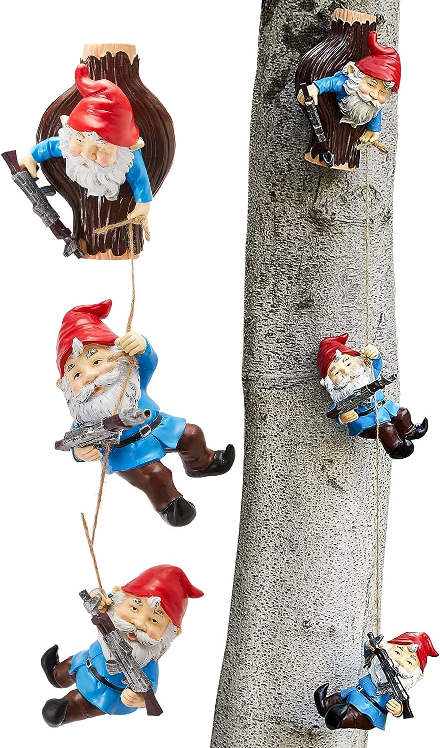 Garden Climbing Tree Gnomes Gun SWAT Climbing Team Figurines, Adorable Gardens Decor, 3 Pack of Durable Colorful Weather Proof Indoor & Outdoor Ornaments, Lawn Trees, Yard, or Patio, 6.5" Sculpture