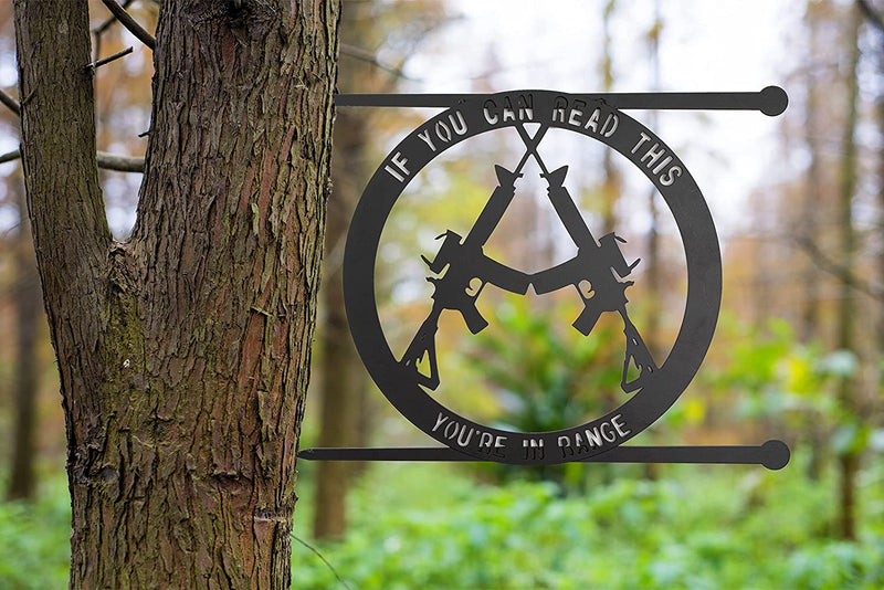 Metal No Trespassing Sign "You're In Range" Gun Metal Door, Wall or Tree Hanger Sign Decoration by GUTE - Metal Wall Art - Outdoor/Indoor Monogram (12.5" Tall, 17.3" Wide, Black) - Hanger, Gun Owners (You're in Range)