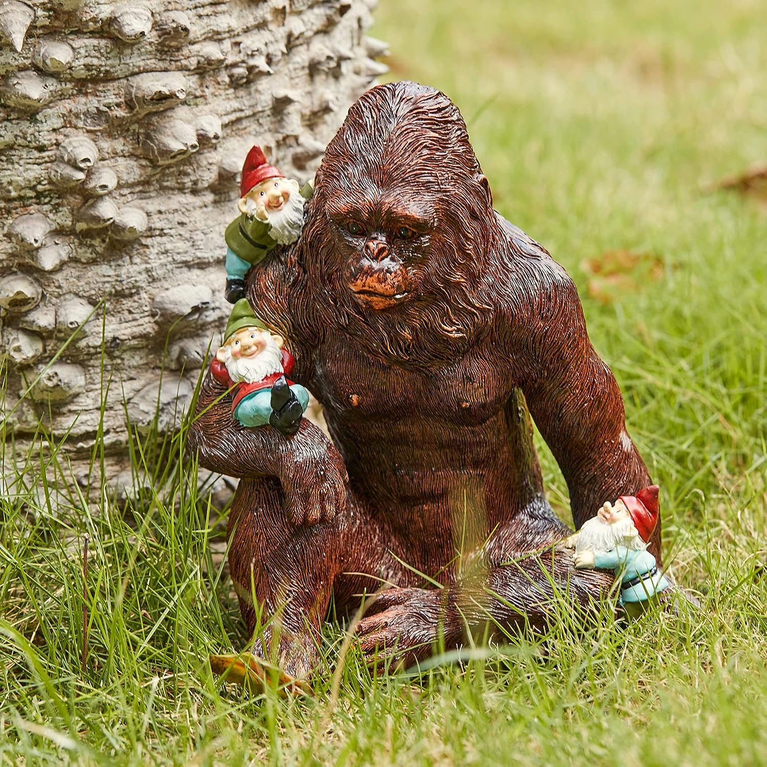 Gorilla Bigfoot with Gnomes Statue, Lawn Sculpture - Chewbacca Garden Decor, Garden Art Décor, Durable Colorful Indoor & Outdoor Animal Ornament - Flowers Lawn, Yard, Patio, 6.3” High x 6.3” W