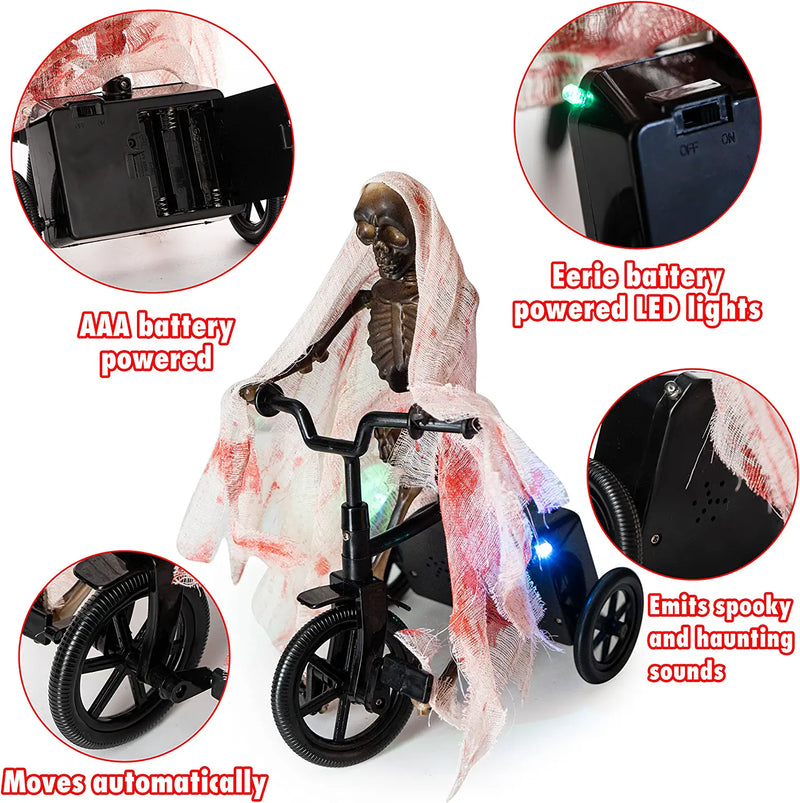 Animated Moving Skeleton Riding A Bike, Decorations - Lights Up Making Spooky Sounds Noises Large Corpse, Needs 3 AA Batteries, Outdoor - Scary Novelty Decor for Home