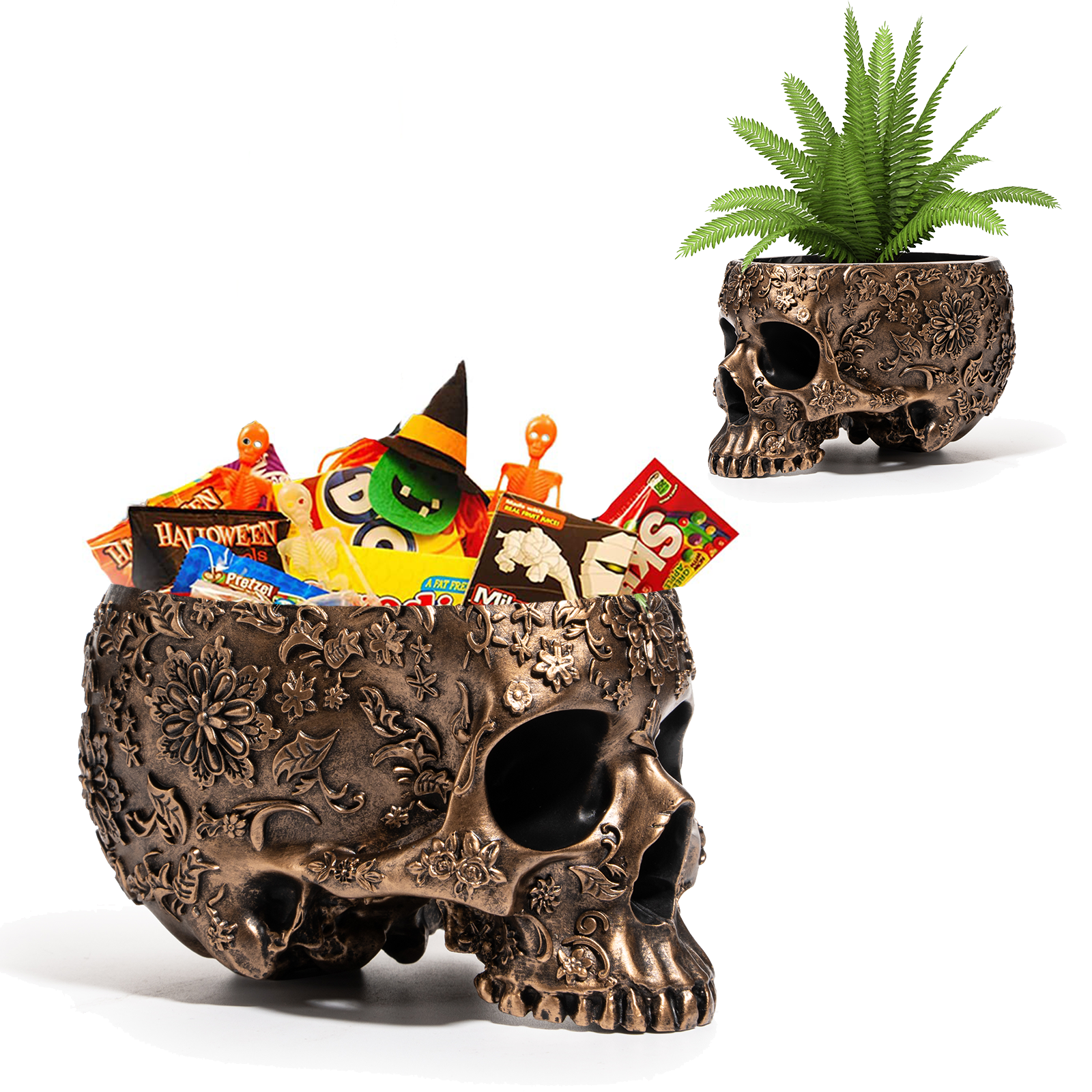 Skull Halloween Candy Server Bowl, 6" Spooky Decorations Sugar Snack Tray, Deep Polyresin Skulls Pot, Indoor Plants & Flowers - Serving Tray, Modern, Skeleton Home Decor, Goth Trick Or Treat (Bronze)