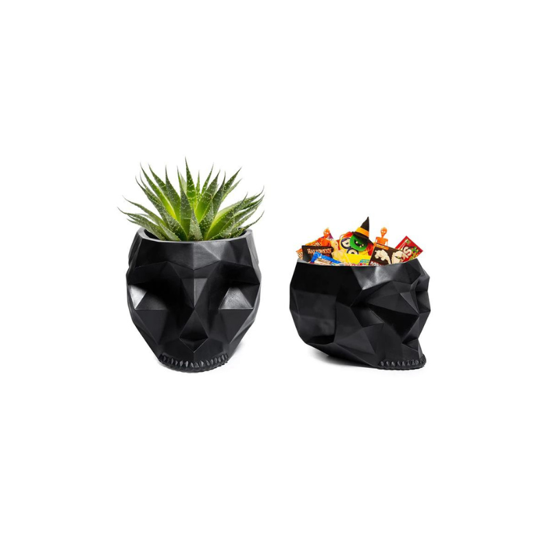 Skeleton Geometrical Skull Halloween Candy Bowl, Plant Planter Pot 6" Deep Polyresin Skulls, Indoor Plants & Flowers - Sweets Sugar Serving Bowl, Goth Spooky Décor Black - Trick Or Treat Unique Gifts